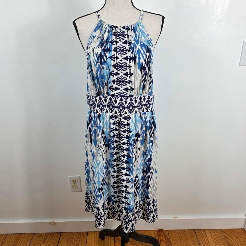 London Times Halter Dress Women Size 12 Blue White Ikat Geometric Sleeveless